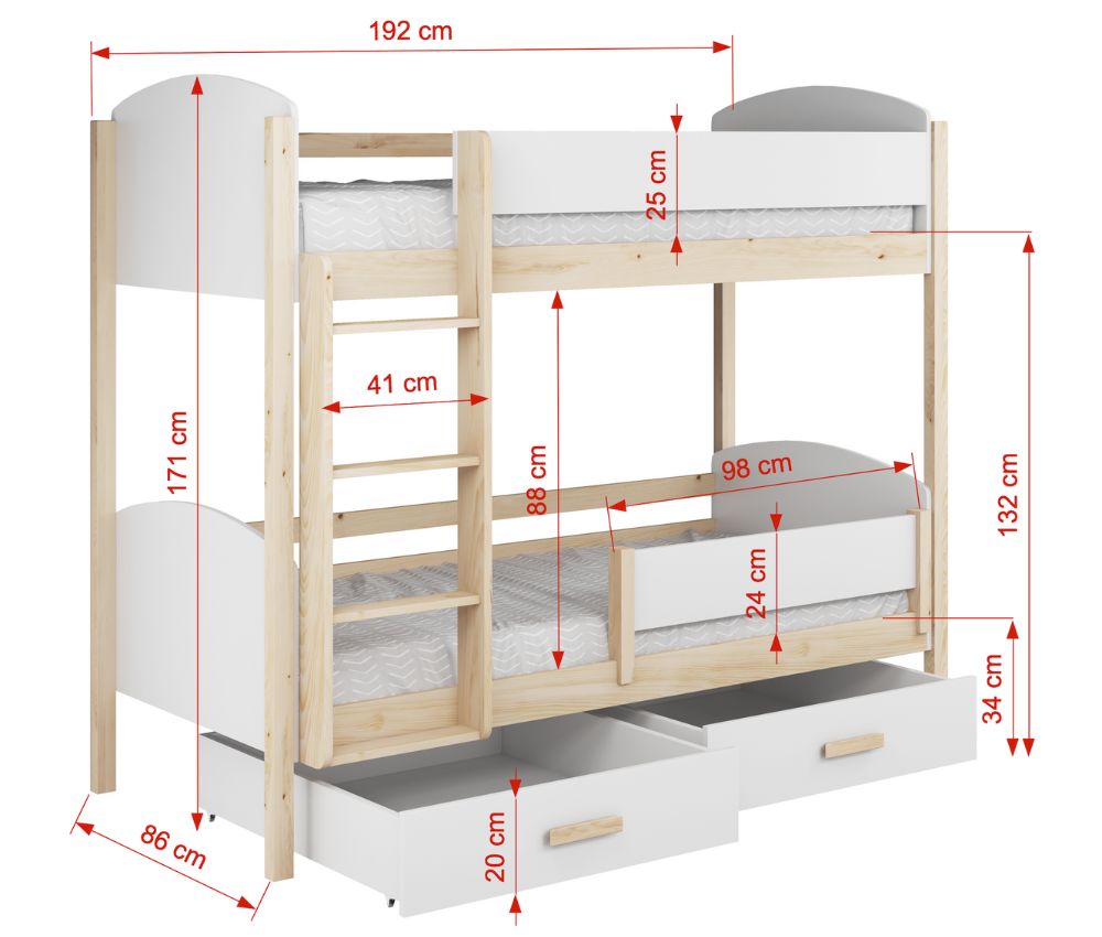 2. kép Meblobed Jordan Gyerek Emeletes Ágy – natúr alap, fehér kiegészítő 80×180 cm