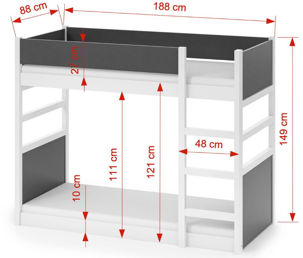 2. kép Meblobed Simon Montessori Emeletes Ágy – fehér alap, fehér alap, antracit kiegészítő 80×180 cm