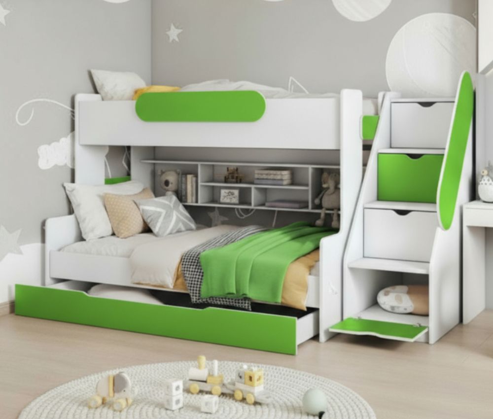 Segan emeletes ágy – 120×200 cm alsó, 90×200 cm felső fekvőfelület, polcokkal és lépcsős tárolóval