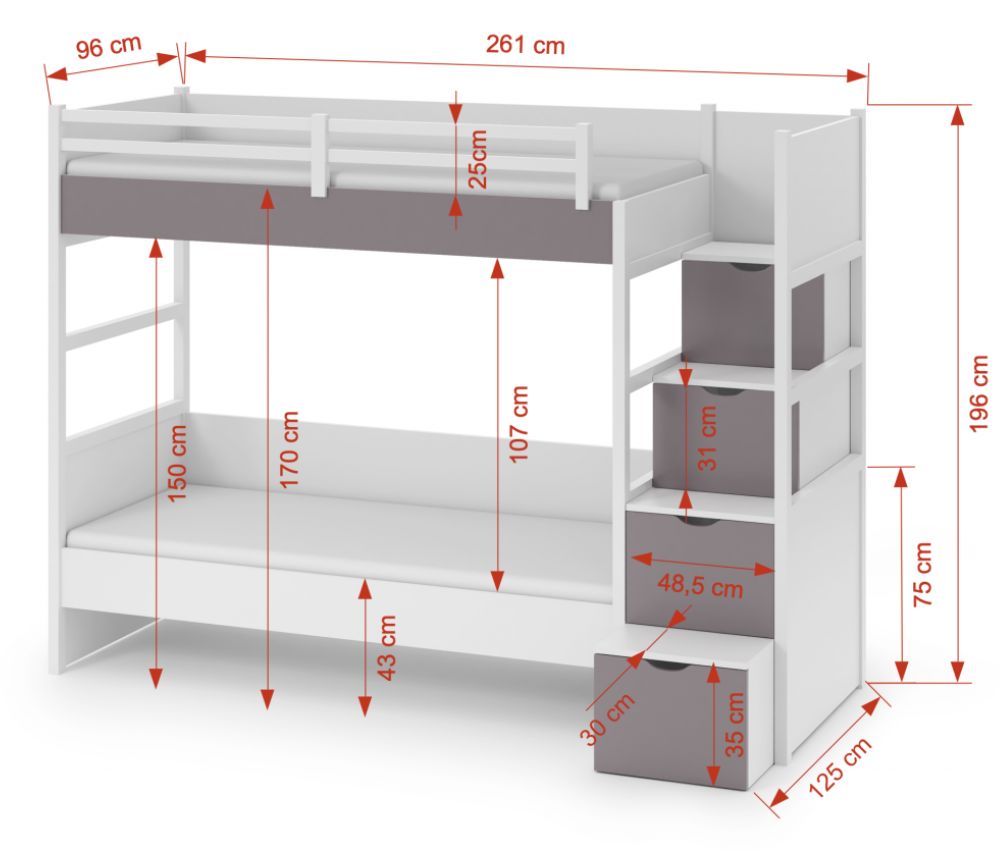 2. kép Meblobed Enzo Emeletes Ágy – fehér alap, trüffel kiegészítő 90×200 cm