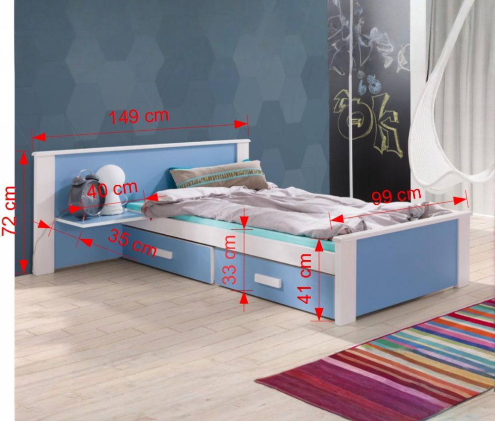 2. kép Meblobed Aldo Plus Gyerekágy – fehér alap, kék kiegészítő 90×200 cm